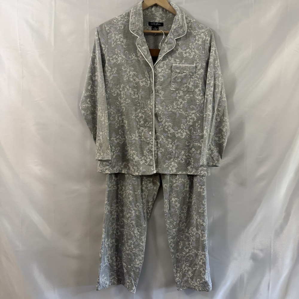 Vtg Earth Angels Womens Pajama Set Pjs Gray White Floral Knit M Petite Lounge
